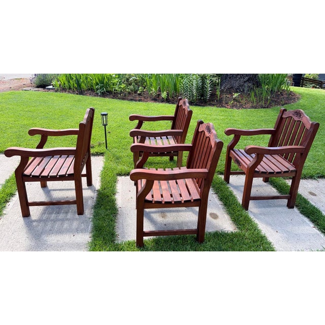 1990s 1990s Exceptional Vintage Hand-Carved Estate-Quality 5-Piece Solid Teak Patio Dining Set For Sale - Image 5 of 13