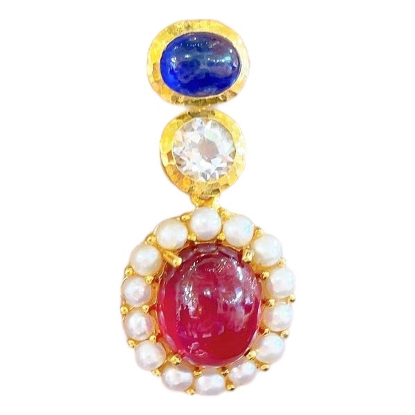 Bochic "Capri" Vintage Candy Natural Ruby and Sapphire Drop Earrings 18K, Silver For Sale