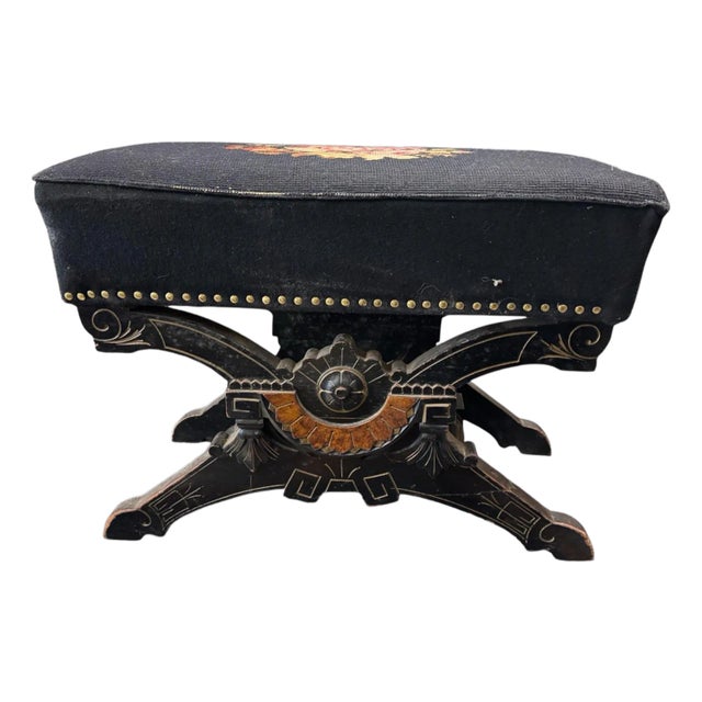 Early 20th Century Antique Victorian Ebonized Aesthetic Footstool With Floral Needlepoint Seat For Sale