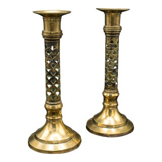 1890's Antique Victorian Brass Ecclesiastical Candlesticks For Sale