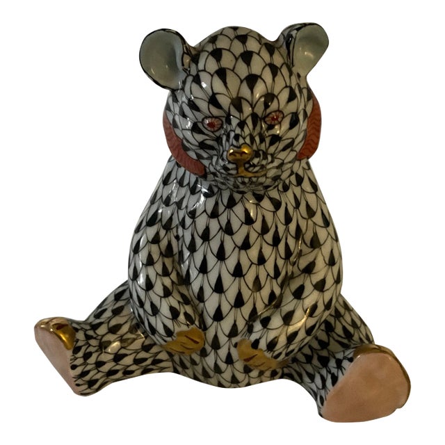 Herend Bear in Black Fishnet With Gold Accents For Sale