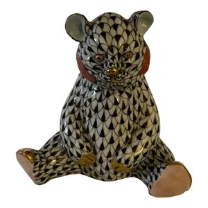 Herend Bear in Black Fishnet With Gold Accents