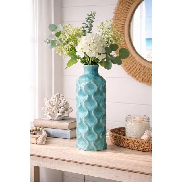 Nautical Late 20th Century Tall Coastal Breeze Turquoise Crackle Glaze Vase – Sculptural Wavy Form Ceramic Vessel, 17” H For Sale - Image 3 of 4