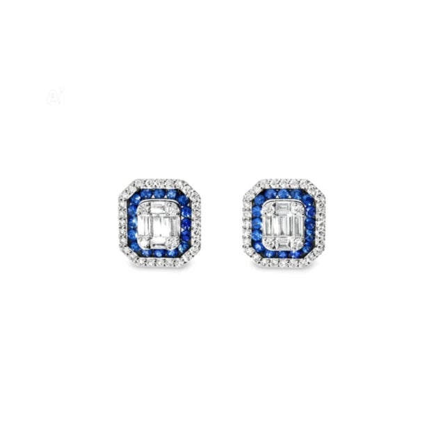 Art Deco Late 20th Century Pair of 18K White Gold Sapphire Diamond Stud Earrings Estate Sapphire For Sale - Image 3 of 3