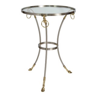 Hollywood Regency Chrome Guéridon With Brass Hoof Feet & Glass Top , Manner of Maison For Sale