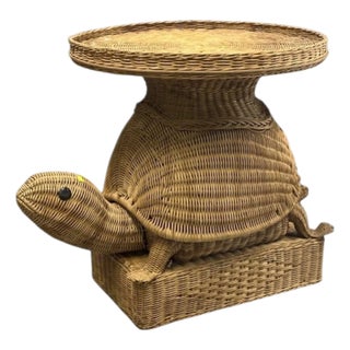 1970s Vintage Wicker Turtle Side Table With Round Tray For Sale