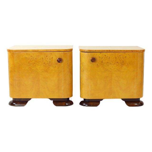 Art Deco Bedside Tables in Root Veneer, Former Czechoslovakia, 1940s, Set of 2 For Sale