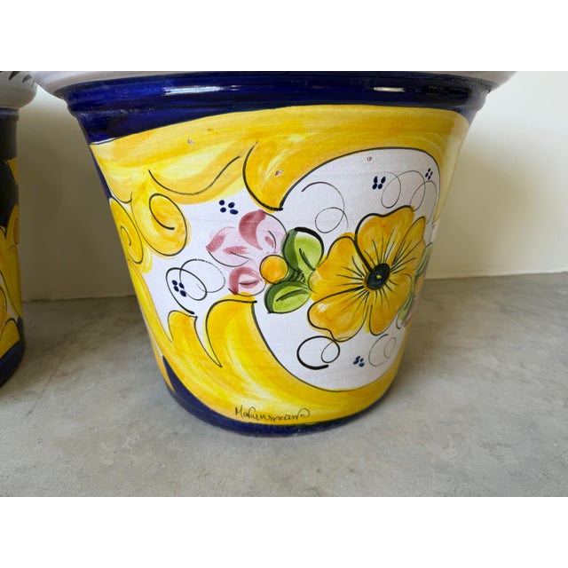 Vintage Italian Tuscan Hand-Painted Terracotta Glazed Planters – A Pair For Sale - Image 12 of 12
