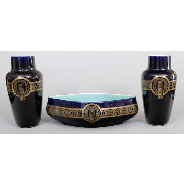 Antique Neoclassical French Sarreguemines Majolica Cobalt Blue & Gilt Oval Centerpiece Bowl For Sale - Image 10 of 10