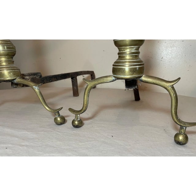 Pair of Turned 18th Century Peened Brass Wrought Iron Georgian Andirons 1700's For Sale - Image 13 of 15