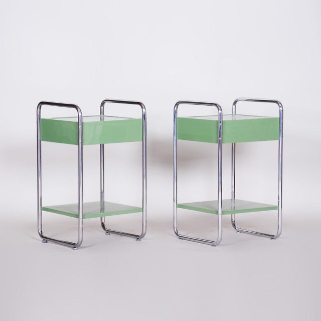 Green Bauhaus Side Tables in Chrome-Plated Steel and Wood, Czech, 1930s, Set of 2 For Sale - Image 8 of 18