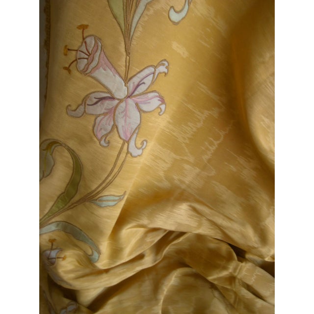 French Art Nouveau Yellow Moire Silk and Flowers Castle Curtains Drapes - A Pair For Sale - Image 4 of 12