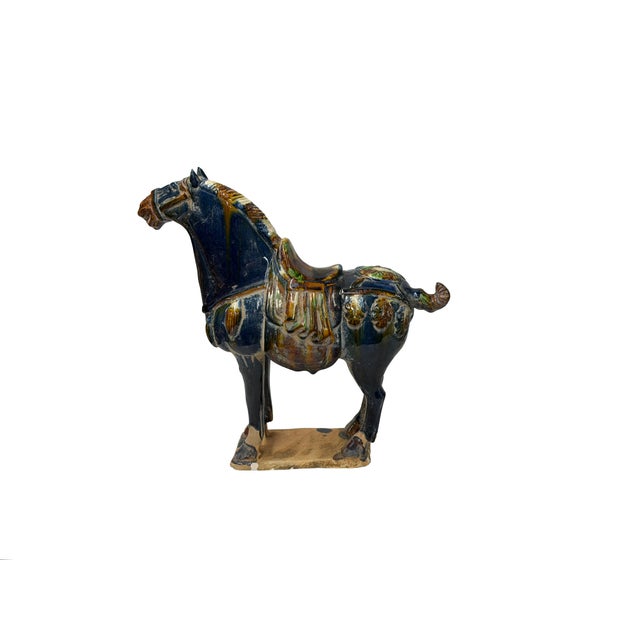 Beige Oriental Ceramic Sancai Dark Blue Brown Beige Fengshui Artistic Horse Figure For Sale - Image 8 of 11