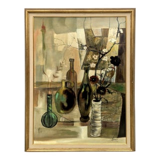 Signed Mid Century Still Life "Bottles & Vases" Oil Painting For Sale