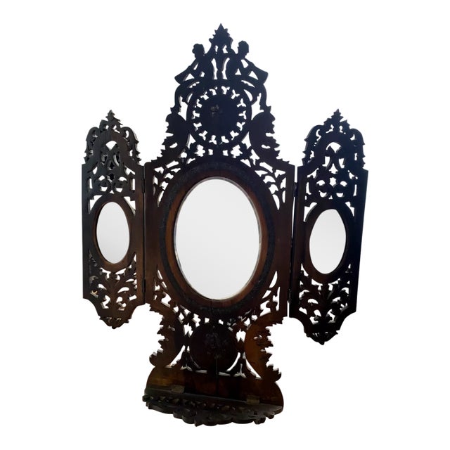 Triptych Mirror Made in 19th Century, Signed by the Carver Artist For Sale