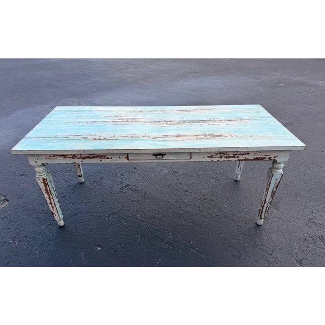 Vintage Coastal Turquoise Rustic Farm Table For Sale In Miami - Image 6 of 9