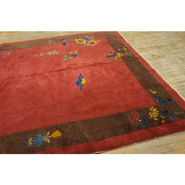 1920s 1920s Red Burgundy Floral Antique Chinese Art Deco Carpet 8' X 9'9" Knotted Wool Rug For Sale - Image 5 of 9