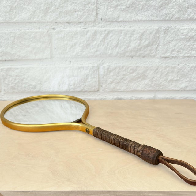 Mid-Century Modern Mid-Century Handheld Vanity Mirror in Brass, Leather and Rattan, Sweden, 1950s For Sale - Image 3 of 8