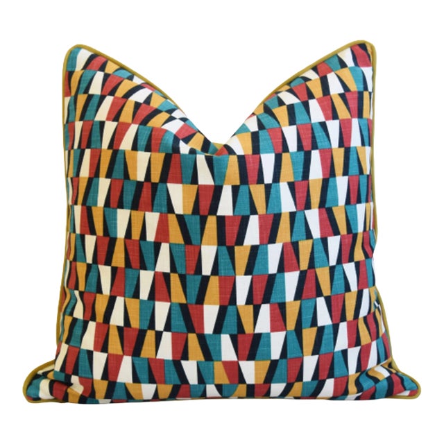 Designers Geometric Teal/Red/White/Gold Feather/Down Pillow 22" Square For Sale