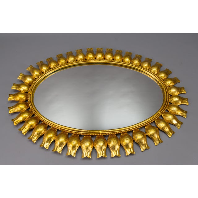 Mid-Century Gilt Metal Oval Sunburst Wall Mirror, 1950s For Sale - Image 15 of 18