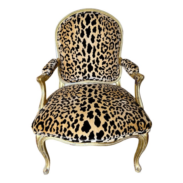 French Gilt Bergère Chair With Brunschwig & Fils Leopard Velvet For Sale