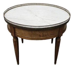 Early 20th C. Louis XVI Fruitwood Marble Top Galleried Bouillotte Gueridon Table