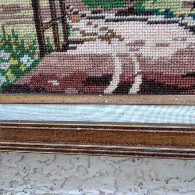 Brown 1970s Framed Needlepoint Country Scene Church With Steeple For Sale - Image 8 of 12