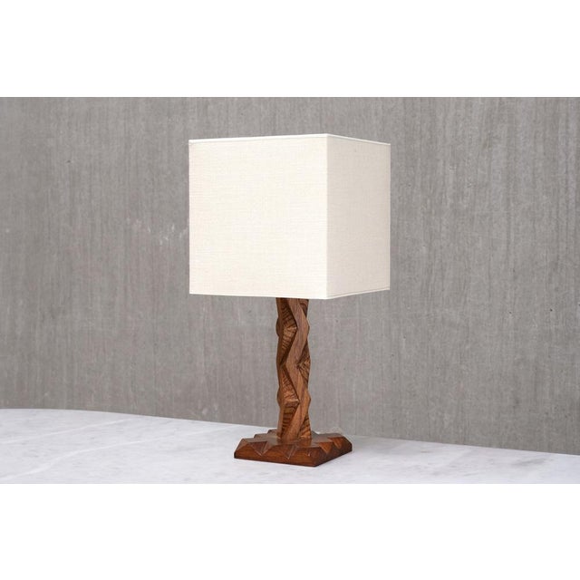 French Art Deco Geometric Oak Table Lamp with Linen Shade, Late 1930s For Sale - Image 11 of 13