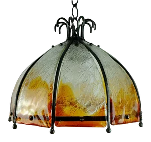Mid-Century Brutalist Wrought Iron and Murano Glass Ceiling Lamp