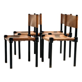 Brutalist Beech and Leather Chairs, 1970s, Set of 4 For Sale