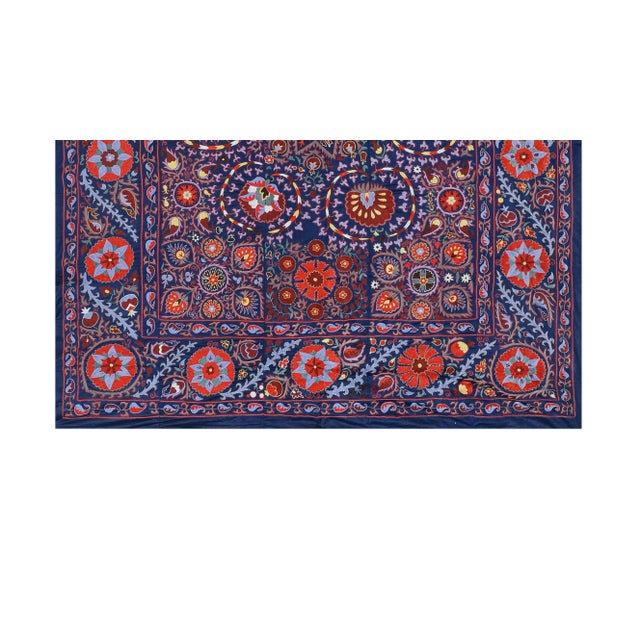 Silk Suzani Wall Decor - Blue Uzbek Embroidery Bedspread For Sale - Image 4 of 11
