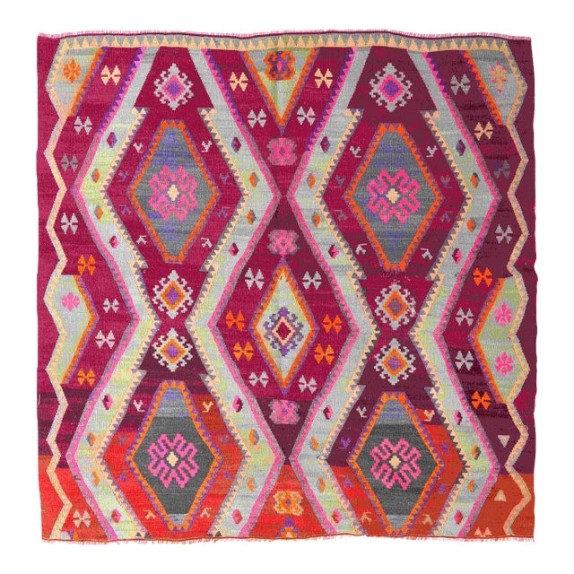 Purple Vintage Square Turkish Kilim Rug - 6`11″ X 6`11″ Ft. For Sale