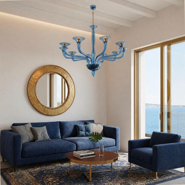 Mid-Century Modern blue Murano glass chandelier, attributed to Seguso, Italy 1980s The large chandelier is made of...