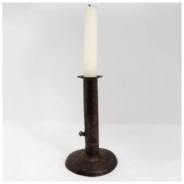 Brown American Primitive Sheet Iron Hogscraper Push-up Candlestick For Sale - Image 8 of 11