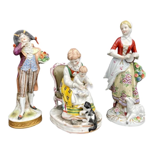 19th Century German Sitzendorf Porcelain Figurines, Stamped Originals - Set of 3 For Sale