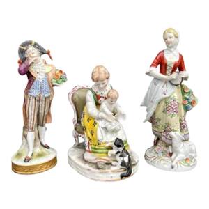 19th Century German Sitzendorf Porcelain Figurines, Stamped Originals - Set of 3