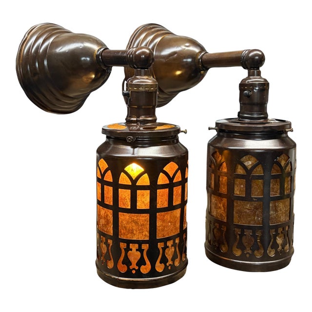 Pair Patinated Brass Lantern Sconces With Amber Mica Inserts For Sale
