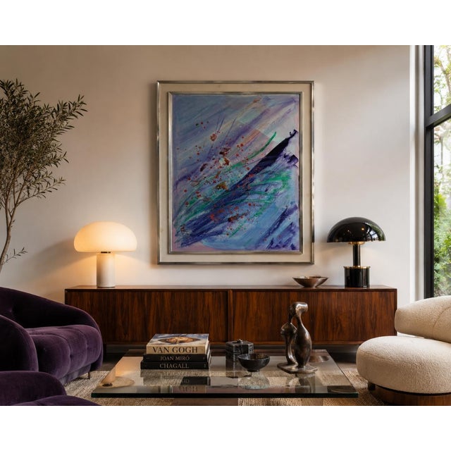 Striking 1970s Mid-Century abstract expressionist acrylic painting on canvas featuring energetic gestural brushwork and...