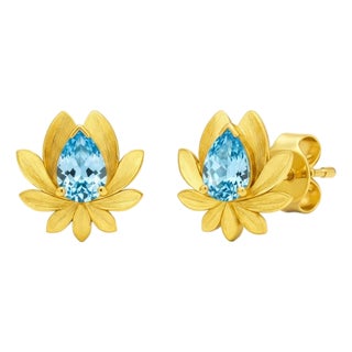 Pear-Cut Topaz Lutus Flower Earrings Studs, Silver, Gold, Pair For Sale
