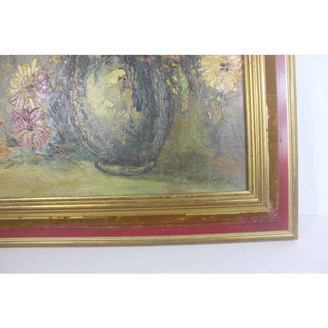 Traditional Large Antique Floral Still Life Oil Painting Texture Dahlias Red and Gold Gilt Wood Frame Fine Art Signed by Artist For Sale - Image 3 of 3