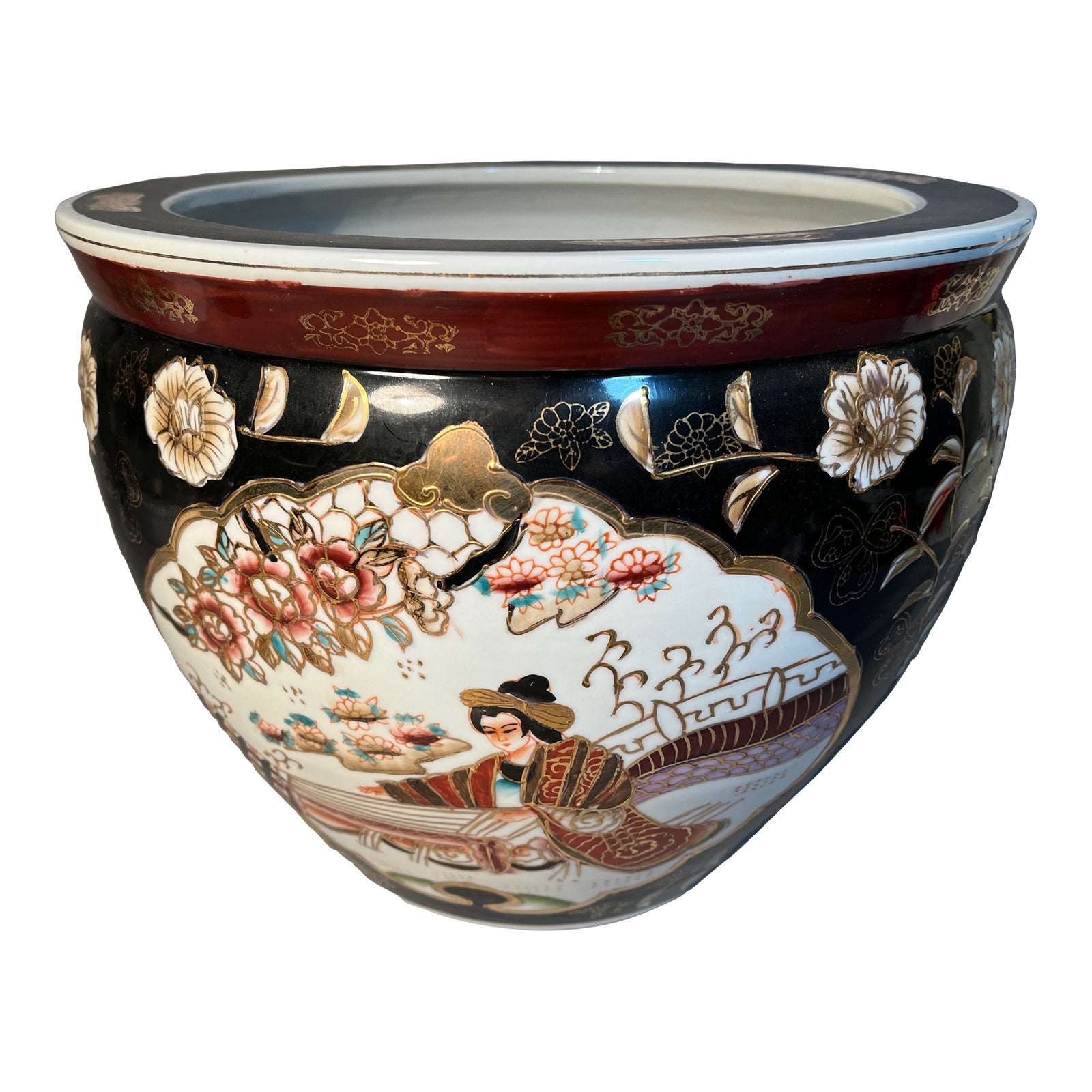 Chinese Satsuma Large 14” Planter Fish Bowl C1950 Guqui Zither Player Gold Accents Gold Fish