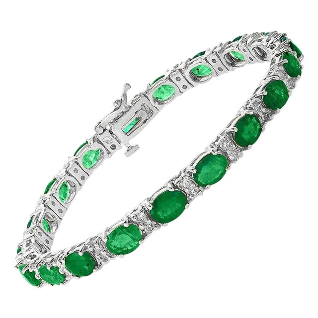 20 Carat Natural Zambian Emerald & 1.2ct Diamond Tennis Bracelet 14 Karat Gold For Sale