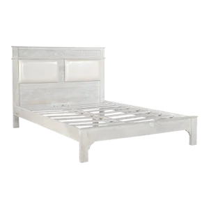 Elegant Victorian Style Hand Carved Solid Wood Queen Bed in Distressed White