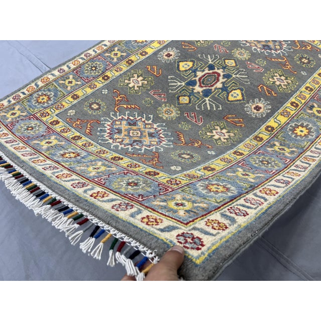 Gray Kazak Wool Rug With Colorful Tribal Motifs, 3'4" X 4'9" For Sale - Image 10 of 13