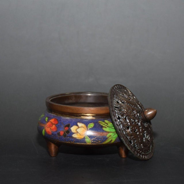 Blue Vintage Cloisonné Enamel Incense Burner With Floral Motif - Asian Censer For Sale - Image 8 of 9