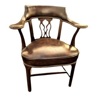 Late 20th Century Vintage Hickory Chair Company Leather and Mahogany Chippendale Library Chair For Sale
