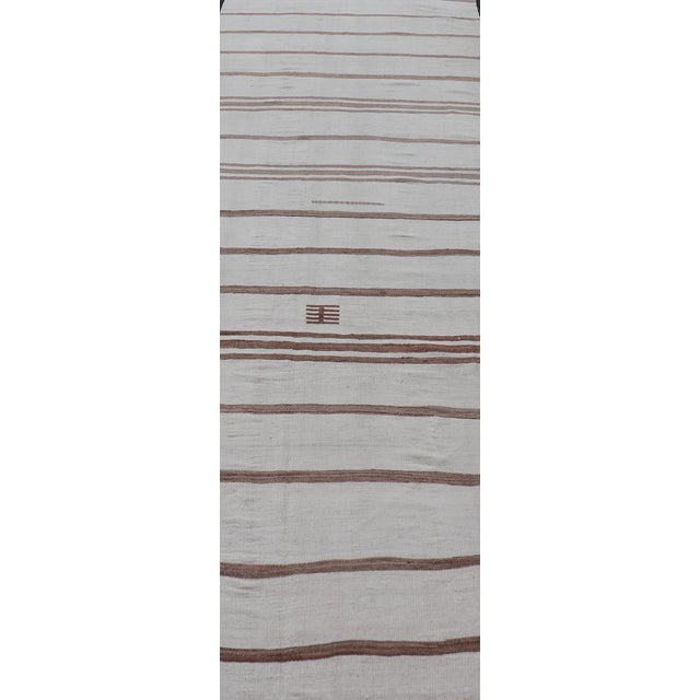 Traditional Vintage Gallery Turkish Kilim With Stripes in Ivory, Taupe and Brown 4'1" X12'7 For Sale - Image 3 of 11