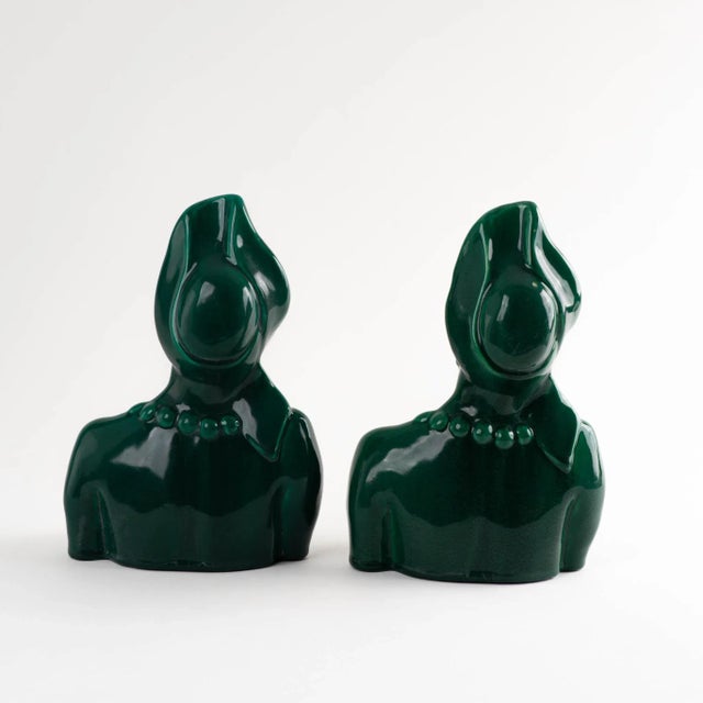 Emerald Green Ceramic Goddess Bust Figures - Pair For Sale - Image 9 of 12