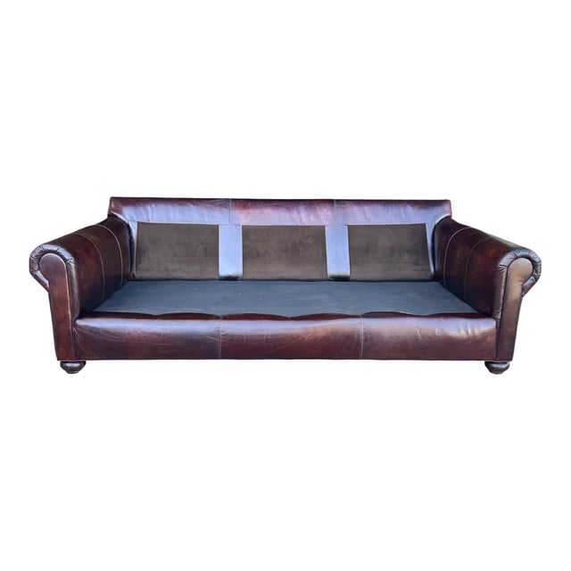 Restoration Hardware Medium Brown Leather Sofa With Feather-Filled Cushions For Sale - Image 9 of 10