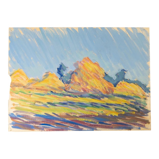 20th Century American Impressionist Fauvist Gouache Watercolor Painting of Haystacks For Sale